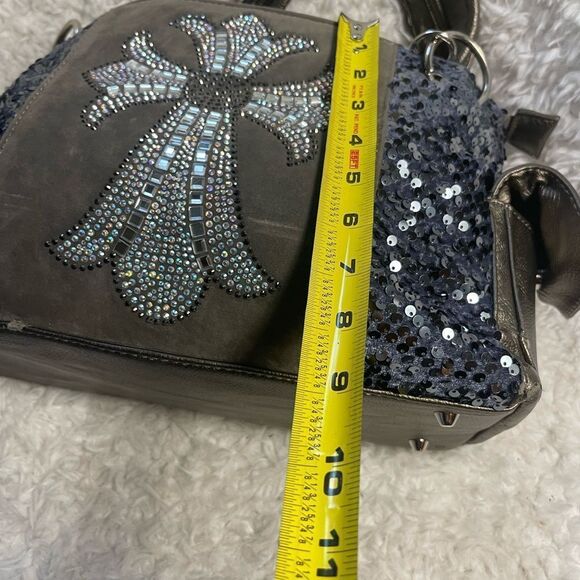 Stylish Blue &Silver Rhinestones cross embroidery & sequins metallic gray Bag - Picture 10 of 16